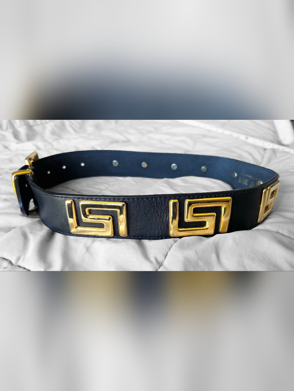 Vtg Y2K Express Compagnie Internationale Genuine Leather Greek Key Belt Black - Picture 10 of 16